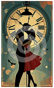 Couple kissing on clock background, vector art, street art, couple kissing, vintage poste