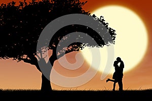 Couple kissing by orange silhouette and tree