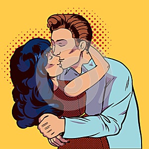 Couple kissing pop art. Realationship between man and woman. Vector illustration in comic style. EPS 10.