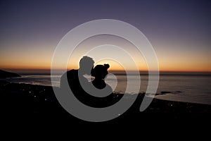 Couple kissing by the sea at sunset on a beach, silhouette