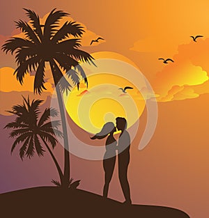 Couple kissing silhouette sunset on beach romantic moment yellow sky palm tree