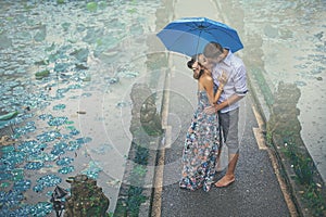 Couple kissing under the rain on their first date
