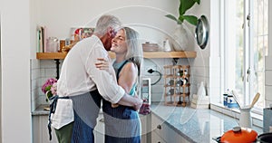 Couple, kitchen and dance with commitment, trust and support for communication, celebration and retirement. Senior