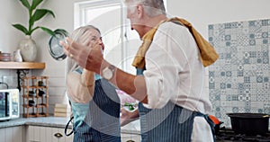 Couple, kitchen and dance with hug, trust and support for communication, celebration and retirement. Senior people