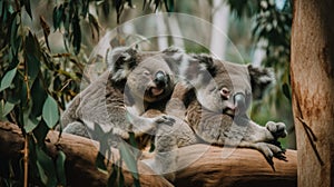 A couple of koalas sitting on top of a tree. Generative AI image.