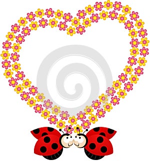 Couple ladybirds with flower heart frame