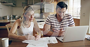 Couple, laptop and fight while planning debt payment online, budget documents and saving stress or insurance finance