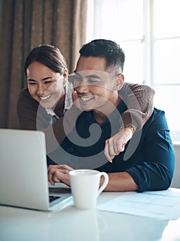 Couple, laptop and happy with budgeting in kitchen for debt review, savings profit and good credit score. Documents