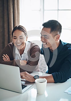 Couple, laptop and happy with budgeting in kitchen for savings profit, debt review or good credit score. Documents