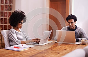 Couple, laptop and remote work with house, technology and internet for career or job. Man, woman and tech with table