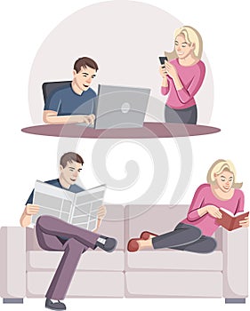 Couple with laptop, smarthphone.