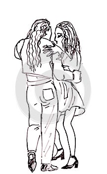 Couple of latino dancers monochrome ink drawing