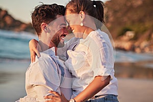 Couple, laughing or love hug on beach at sunset for anniversary event, honeymoon celebration or engagement. Smile, happy