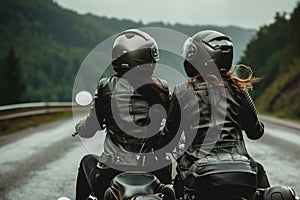 Couple in leather jackets and helmets riding a motorcycle on a highway, in the style of biker, adventurous