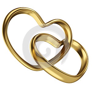 Couple of linked gold wedding rings in shape of heart