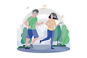 Couple Listening To The Podcast While Jogging In The Park