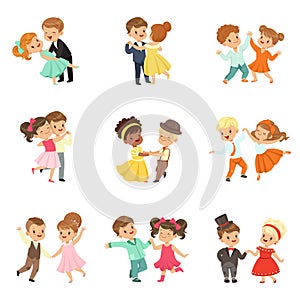 Couple of little kids dancing set, modern and classical dance performed by children vector Illustrations on a white