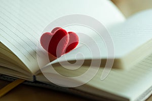 Couple little red hearts in a opened page of literature
