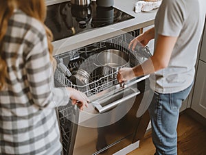 Couple Loading Dishwasher Together in Modern Kitchen