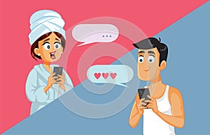 Couple in Long Distance Relationship Text Messaging Vector Cartoon