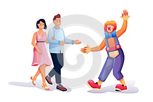 Couple looking at clown show at amusement park. Holiday and vacation recreation vector illustration. Young funny man