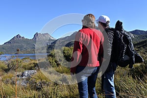 Couple looking at  Cradle Mountain-Lake St Clair National Park Tasmania Australia