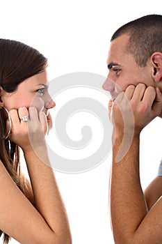 Couple looking at each other isolated on white