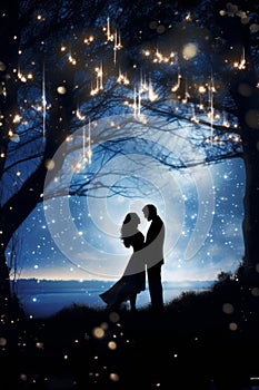 A couple looking at each other standing beneath silhouette trees and a fantasy night sky with sparkling stars. AI generated.