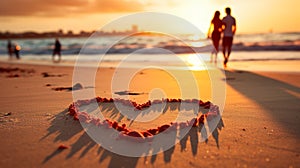 Couple in love against the backdrop of a sunset on the sea. Heart shaped drawing on the sand. Celebrating Valentine