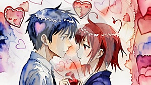 Couple in love. Anime girl and guy look at each other lovingly against background of hearts. In watercolor style