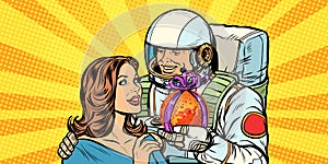 Couple in love. Astronaut gives a woman Mars