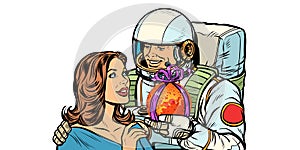 Couple in love. Astronaut gives a woman Mars. isolate on white background