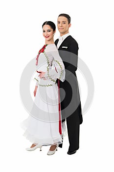Ballroom dance couple in a dance pose isolated on white background. ballroom sensual proffessional dancers dancing walz