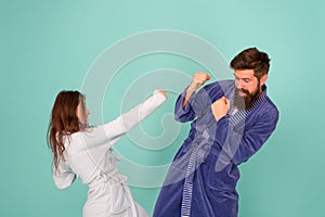 Couple in love bathrobes. Drowsy and weak in morning. Advice relationships surviving quarantine. Morning routine. Couple