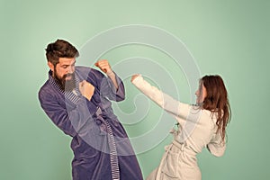 Couple in love bathrobes. Drowsy and weak in morning. Advice relationships surviving quarantine. Morning routine. Couple