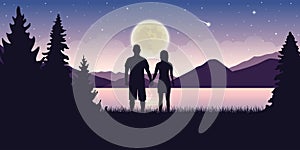 Couple in love at beautiful lake at night with full moon and starry sky mystic landscape