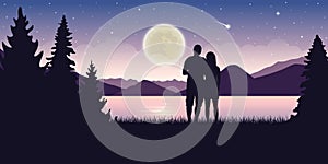 Couple in love at beautiful lake at night with full moon and starry sky mystic landscape