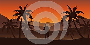 Couple in love at beautiful palm tree silhouette landscape in orange colors