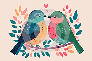 Couple Love Birds perched on a branch of a Tree valentine day theme
