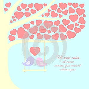 Couple love birds stand on the swing under the tree heart leaves shape, vector background