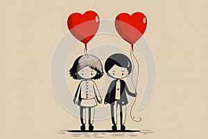 Couple in love boy and girl with balloons in the form of hearts. Postcard illustration. Generative AI technology