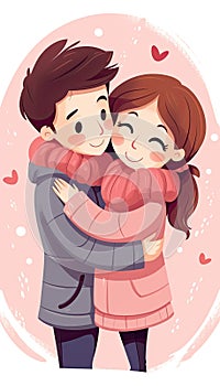 Couple in love. Boy and girl embracing each other affectionately. Saint Valentine concept.Cartoon style illustration