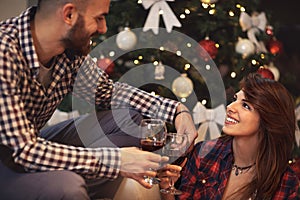 Couple in love celebrating Christmas at home