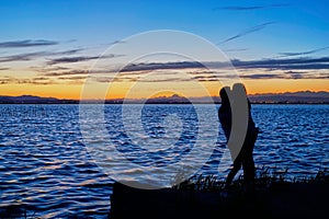 Couple in love contemplate the Sunset in the Albufera of Valencia