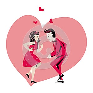 A couple in love dancing at a party. Retro style. Minimalism. Template for congratulations, invitation, banner, poster.