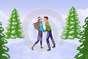 Couple in love on date ice skating. Cartoon people