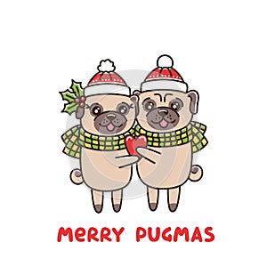 Couple in love of dogs pug breed, hug in identical hats and scarves, with heart in hand.