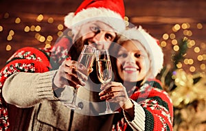 Couple in love enjoy christmas holiday celebration. Drinks for adults. Happy new year. Merry christmas. Celebrating