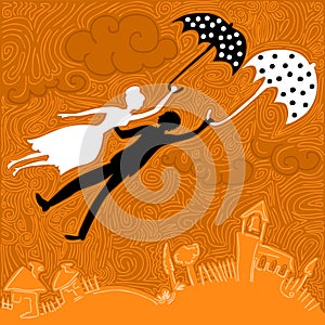 Couple in love flying with umbrellas