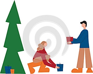 Couple in love gift giving to each other, family opening gifts together. Vector stock flat illustration isolated on white